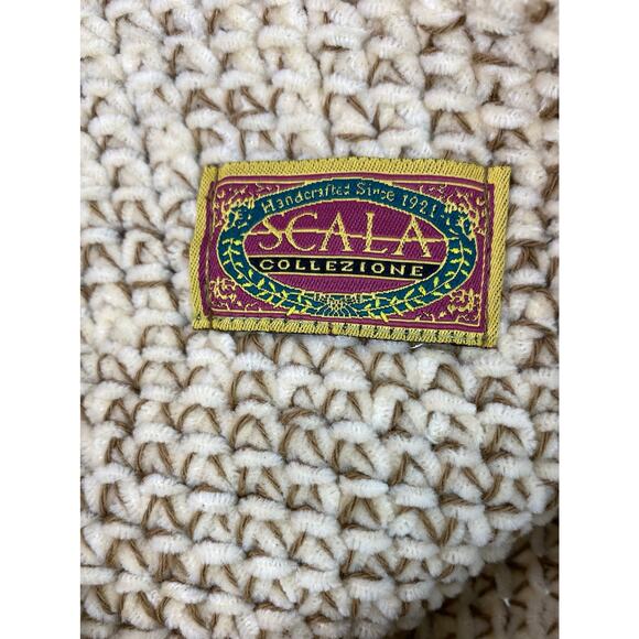 Scala Collection Women's Cream Brown Soft Knit Floral Accent Beanie Hat - Picture 5 of 5